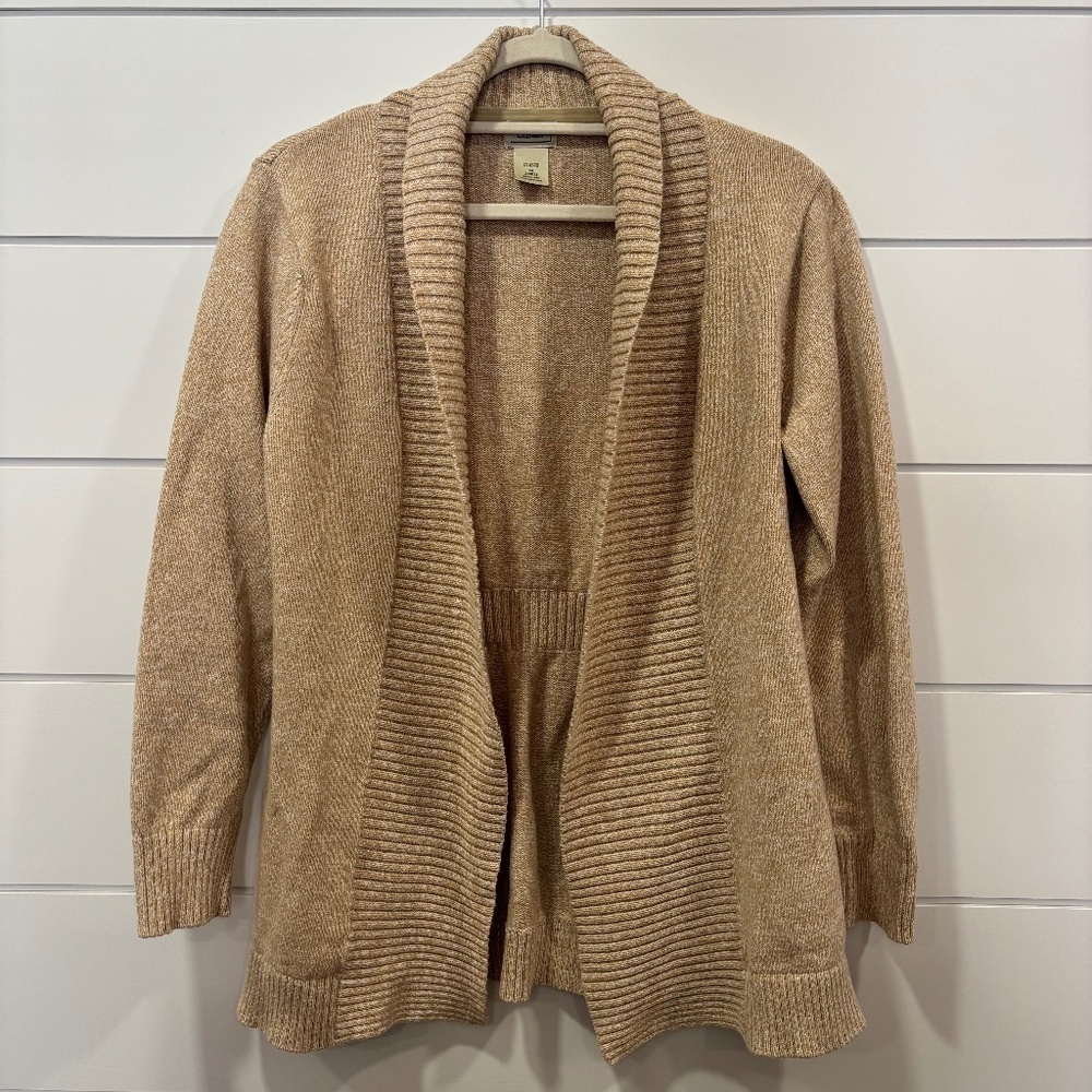 L.L. Bean shawl collar open front cardigan tan and white cotton blend size M